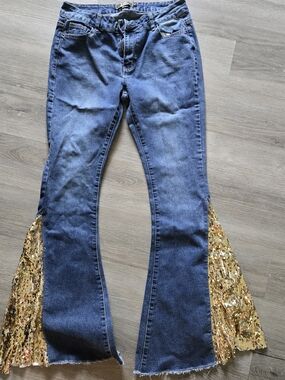 L&B Lucky & Blessed Sequin Flare Jeans Gold Panel Boho Festival Pants Size 8